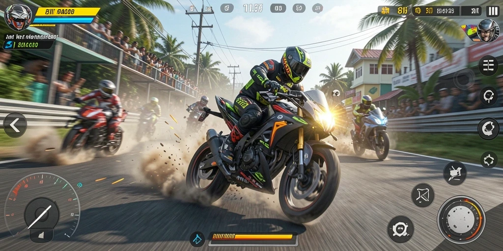 Screenshot gameplay 8II menampilkan balapan motor yang seru dan mendebarkan.