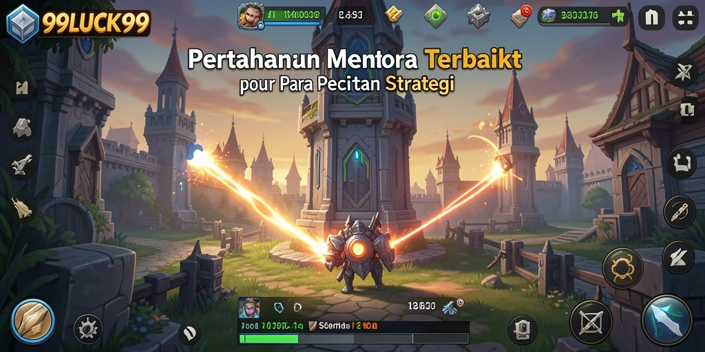 Tangkapan layar gameplay 99LUCK99 dengan menara pertahanan yang kuat.
