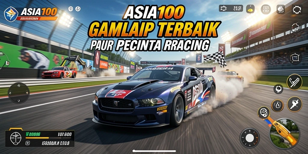 Screenshot ASIA100 menampilkan aksi balapan seru dengan mobil cepat.
