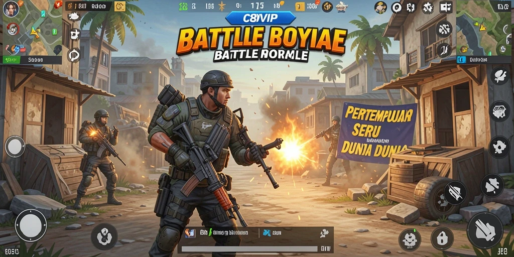 Screenshot utama C8VIP menampilkan aksi intens dalam permainan Battle Royale.