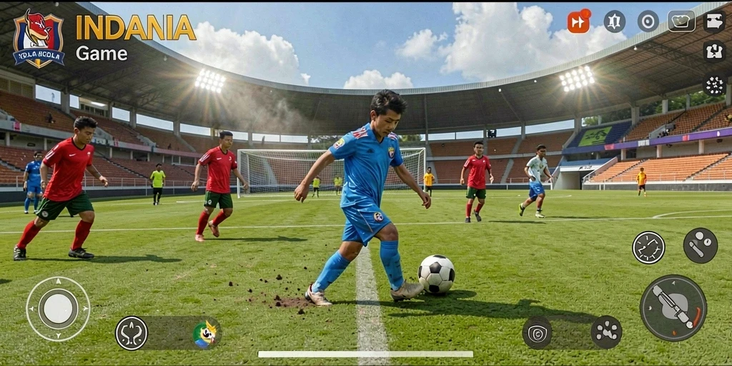 Screenshot INDAAA menampilkan momen seru di lapangan sepak bola.