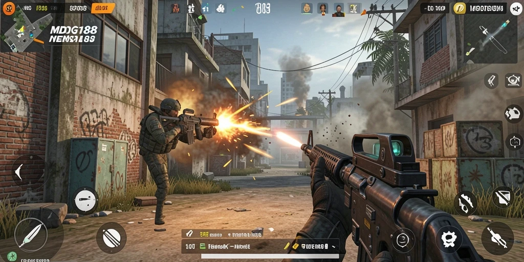 Screenshot gameplay MDG188 menampilkan aksi tembak-menembak yang mendebarkan.