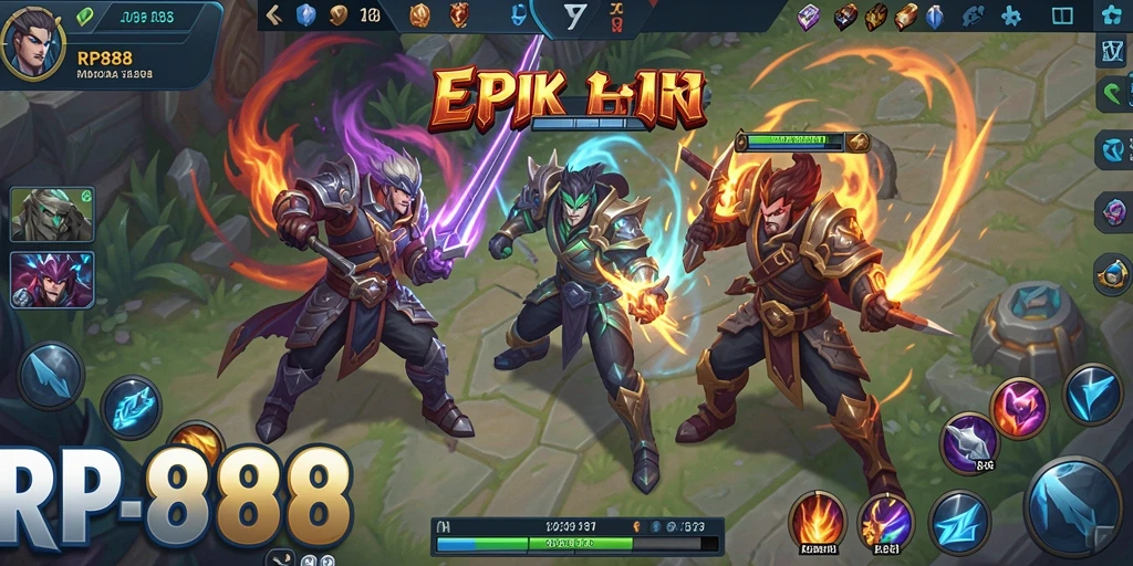Screenshot gameplay RP888 menampilkan aksi seru pertarungan di arena MOBA.