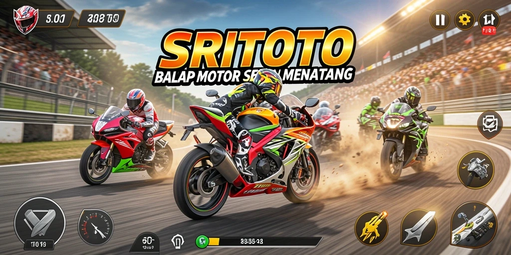 Screenshot gameplay SRITOTO menunjukkan aksi balap motor yang seru dan mendebarkan.